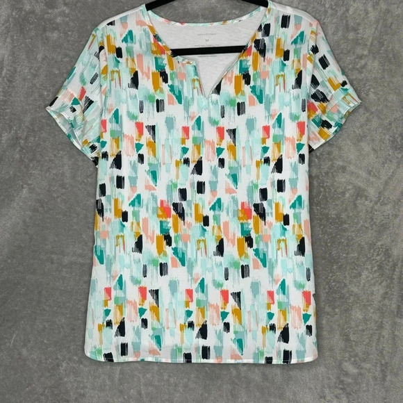 Van Heusen M Medium Shirt Top Blue‎ Geometric Short Sleeve Split Round Neck - Picture 1 of 7